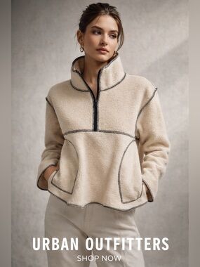 Urban Outfitters Sherpa Pullover Cream Contrast Stitch Half Zip Cozy Chic Size M